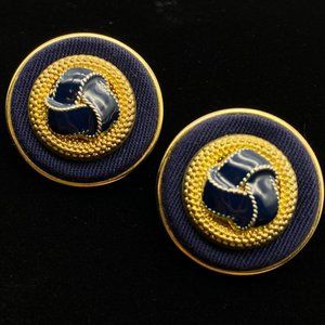 Vintage button stud back blue gold enamel fabric earrings unmarked